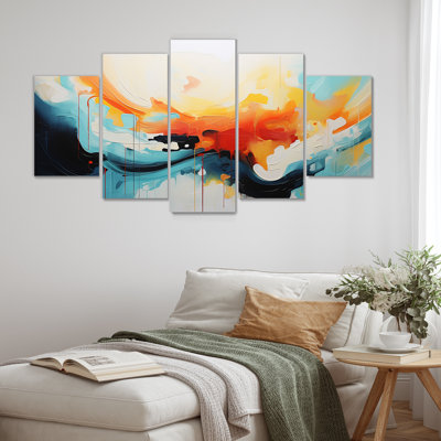 Blue And Orange Colorful Abstract Waves III - Abstract Painting Multipanel Wall Art Decor