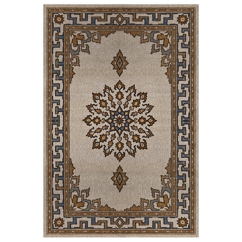 Minisisi Collection Digital Print Cotton-Polyester Beige Brown Moroccan Rug, Round 3'4"