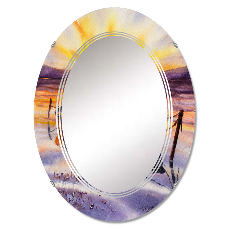 Coucher de soleil et deux petits bateaux stationnant sur la rivière - Miroir mural nautique et côtier ovale, 30 po x 20 po