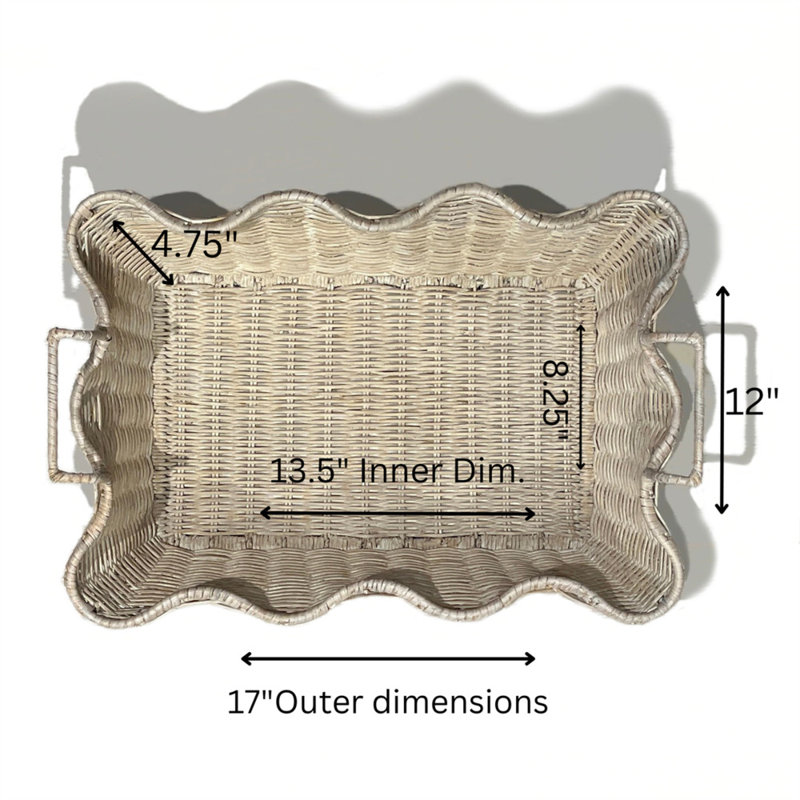 Petit plateau festonné, H 4,75 po x l 17 po x P 12 po, Blanc délavé