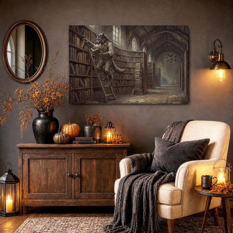 Loup, bibliothèque, lecture, bibliothèque, art mural d'Halloween, H 18 po x l 24 po