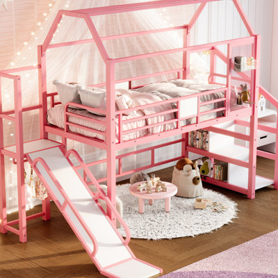 Twin Pink Metal House Bed With Slide, Stairs, Noise - Frame And Shelf Storage For A Dreamy Safe Sleep Structure Cheerful
