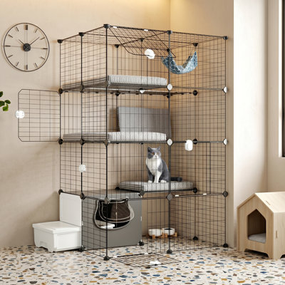 Cage à chat à 4 niveaux avec bac à litière, chenil en métal détachable bricolage, cage intérieure, grand espace d'exercice, pour 1 à 2 chats