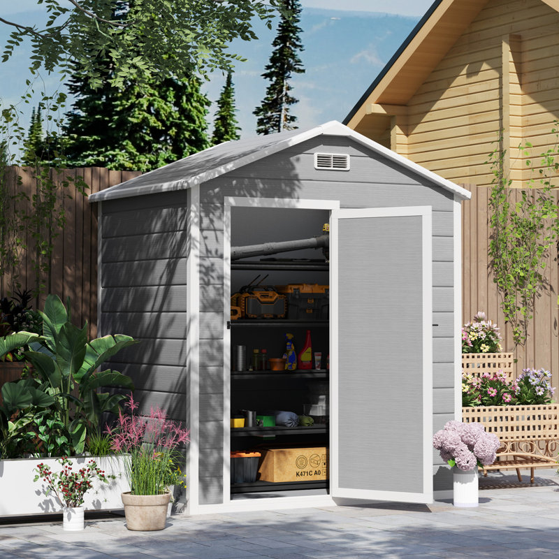 Outsunny 6 x 4ft Plastic Shed with Floor, Wood Effect Resin Garden Shed with Window, Lockable Door