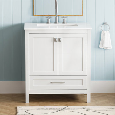 Meuble-lavabo autoportant de 30 po avec lavabo, comptoir en marbre d'ingénierie de Carrare avec lavabo rectangulaire encastré en céramique, grande porte de rangement à fermeture en douceur, structure en bois massif, blanc