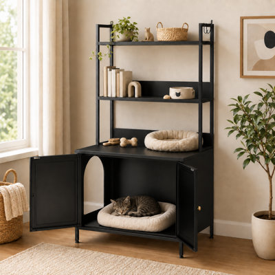 57" Tall Metal Cat Litter Box Enclosure with 3 Tier Storage Shelves, Hidden Litter Box Cabinet with Doors & 4 S-Hooks, Large Indoor Cat House Pet Washroom Furniture for Large Cats, Black