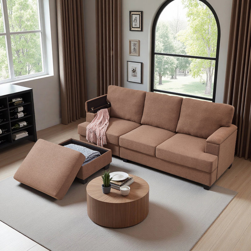 86" Linen Upholstered Sofa with a Movable Storage Ottoman, Underseat Storage and 2 Flip-up Armrests, Brown