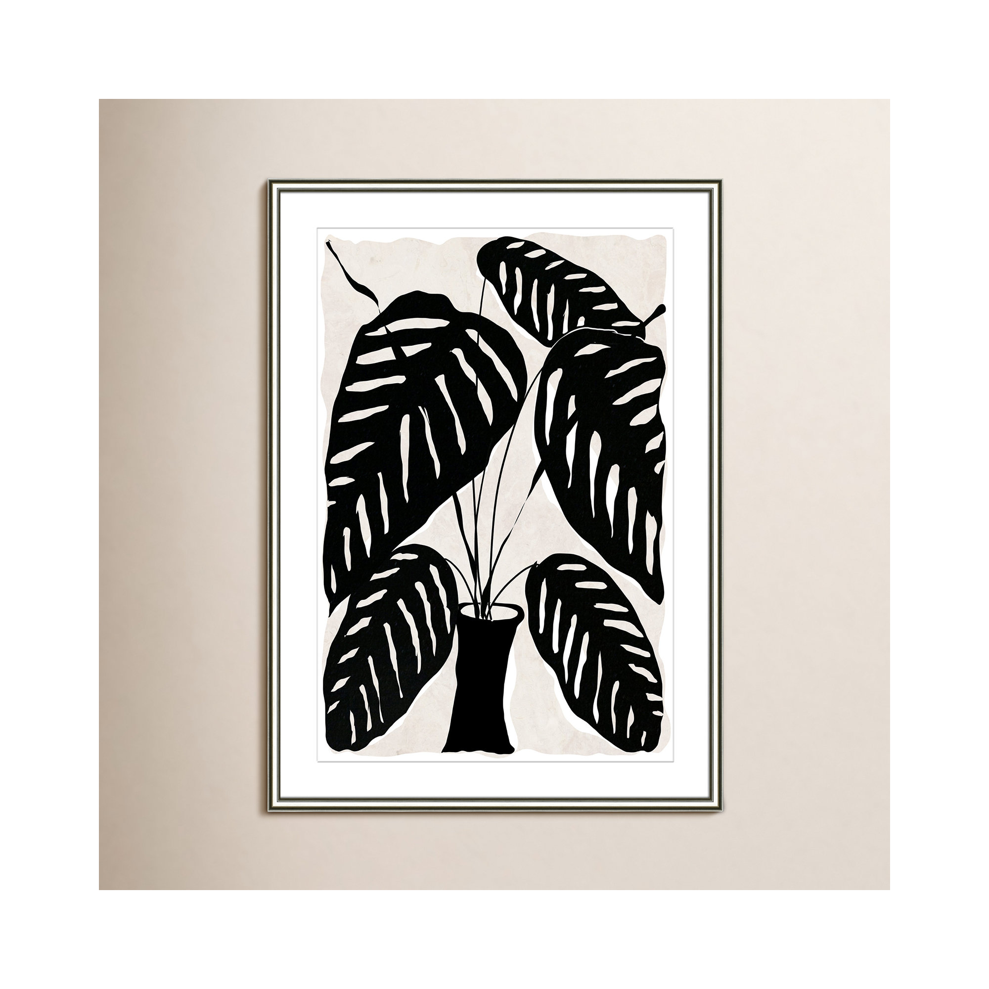 Black And White Potted Plant I by Daniela Santiago, 36.75" H x 26.75" W x 0.88" D, Silver Framed