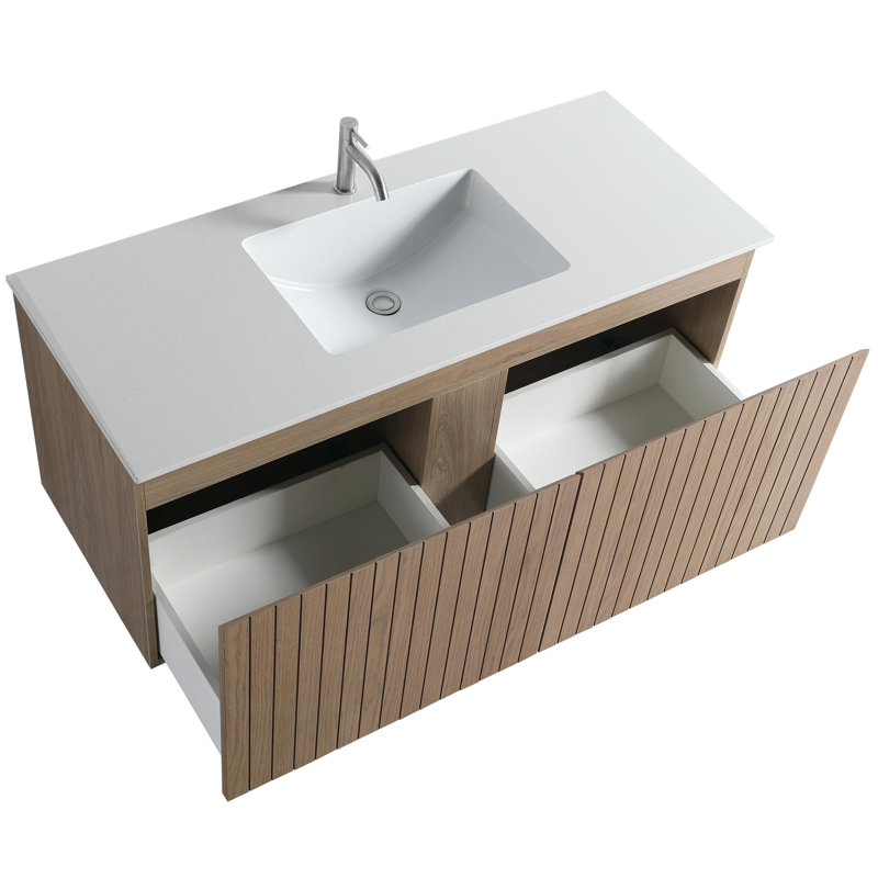 Windsor de 48 po L 19,80 po P 20,00 po Meuble-lavabo mural H en bois naturel avec lavabo simple blanc