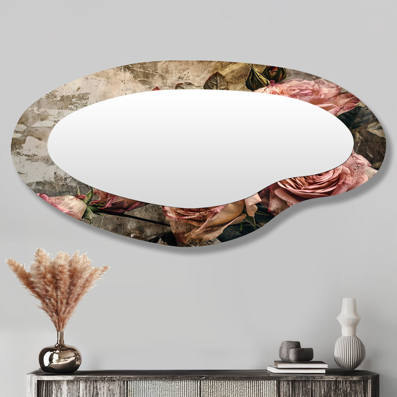 Rose rétro rose grunge - Roses Art en métal - Miroir mural moderne et irrégulier