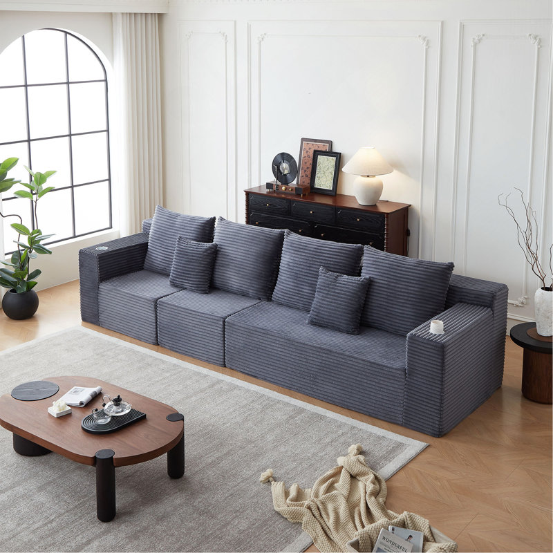 Canapé modulaire profond en velours côtelé avec porte-gobelets, Gris