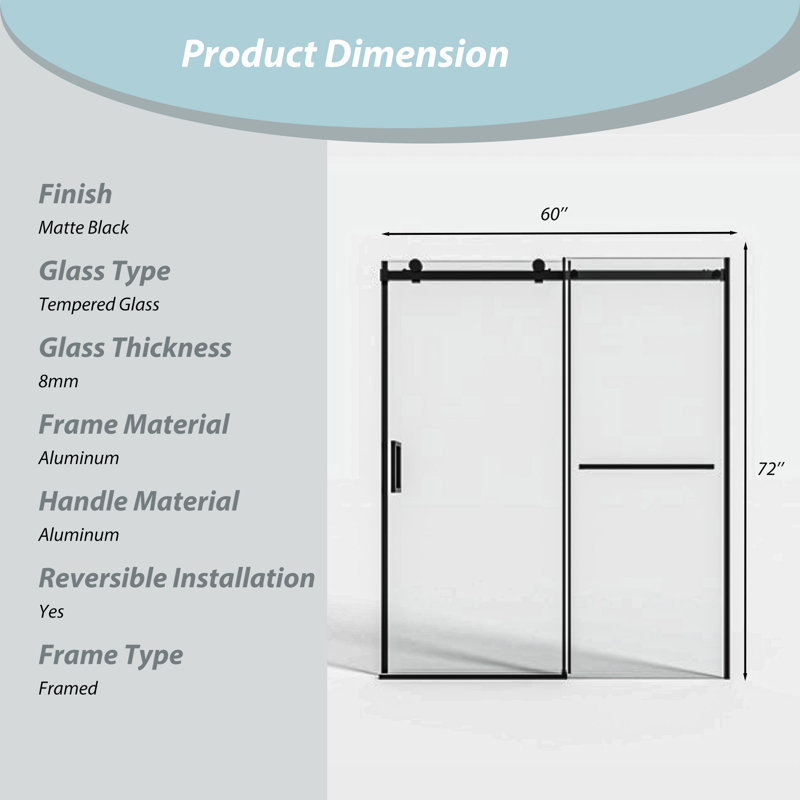 56-60 In. W X 72 In. H Reversible Sliding Framed Shower Door In Matte Black Finish, Matte Black