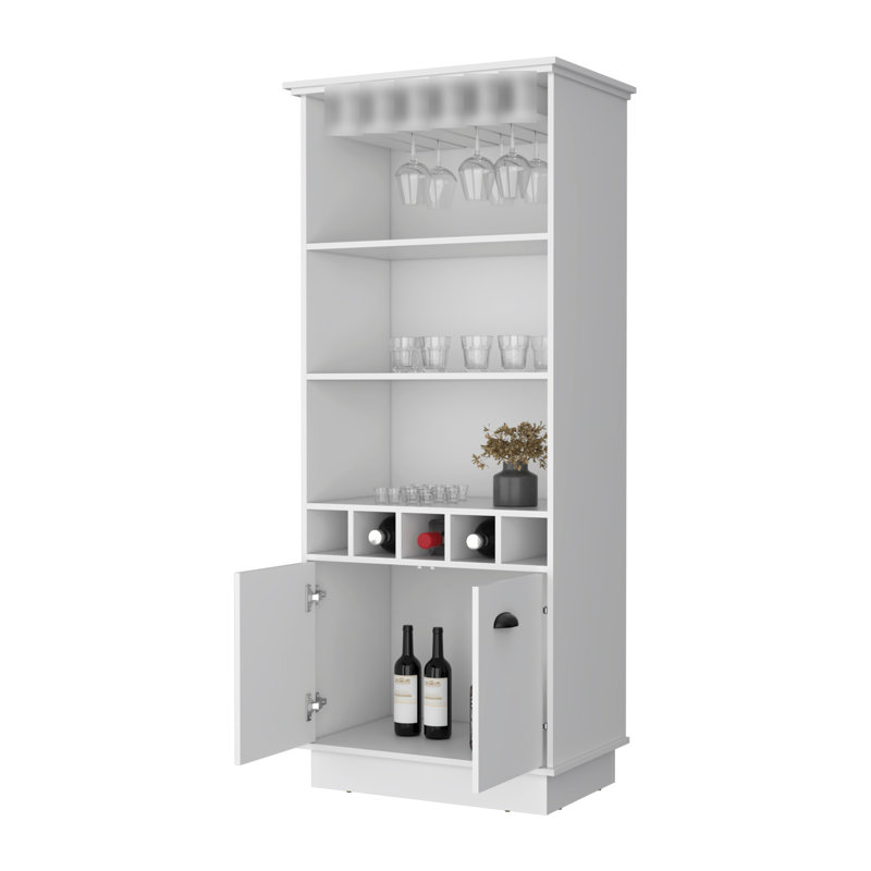 White Bar Cabinet With Versatile Storage Solutions - 3 Shelves, 5 Bottle , Glassware Rack Feature Elegant Practical Space