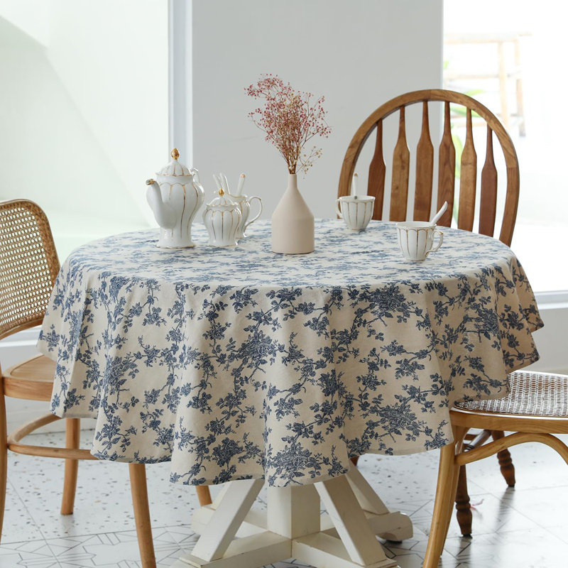 Pastoral Round Tablecloth - 60 Inch Dia. - Linen Fabric Table Cloth - Washable Table Cover With Dust-Proof Wrinkle Resistant