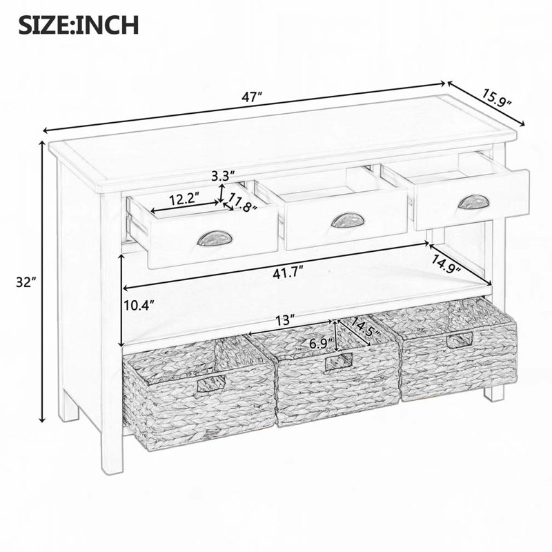 Console rétro avec 3 tiroirs de rangement, table d'entrée avec 3 paniers tissés jacinthe d'eau