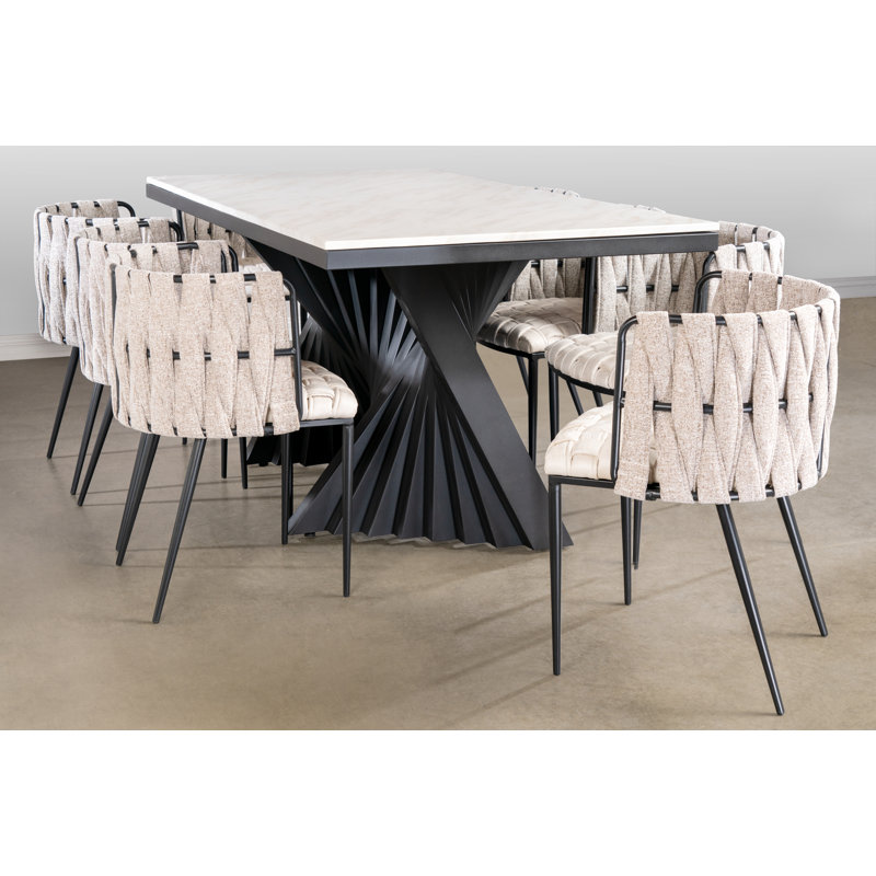 Waterfall Dining Table Set and Woven Pattern Chairs – 7 Piece Modern Dining Room Set