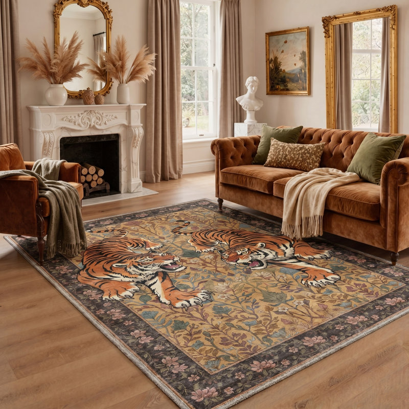 Teiarra Wildpeak Animal Print Machine Washable Brown / Yellow Indoor Area Rug with Non-Slip Backing, Round 5'