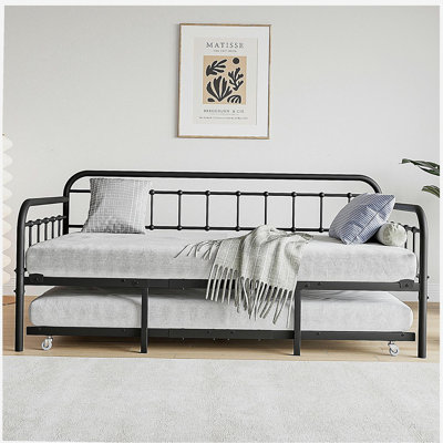 Structure de lit de jour simple en métal avec lit gigogne, plateforme de lit à lattes en acier robuste avec tête de lit, aucun sommier tapissier requis, noir