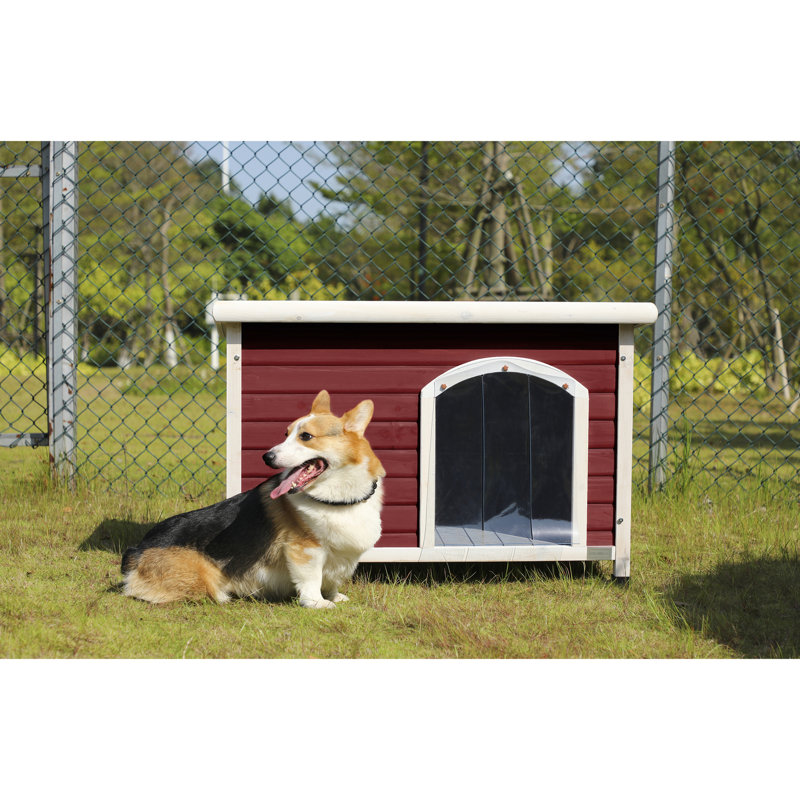 Rideau de porte moyen pour chien en rouge - Toit imperméable 100% bois naturel et plancher surélevé avec rideaux de porte réglables pour les chiens pesant jusqu'à 70 lb, livres