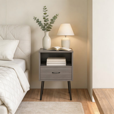 Ensemble de 2 tables de chevet modernes en chêne gris avec tiroir de rangement et étagère ouverte, tables de chevet en bois au grain vertical – Tables d'appoint pour chambre, salon et petits espaces, montage facile