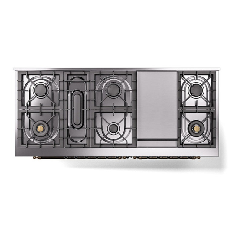 ILVE Nostalgie II Series Noblesse 60 inch Dual Fuel Range with 9 Sealed Burners, Griddle (Glass Door), Burnished, Natural Gas