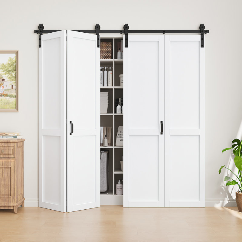  Panneaux sans assemblage, portes de grange pliantes en bois manufacturé blanc massif avec ensemble de quincaillerie, 2