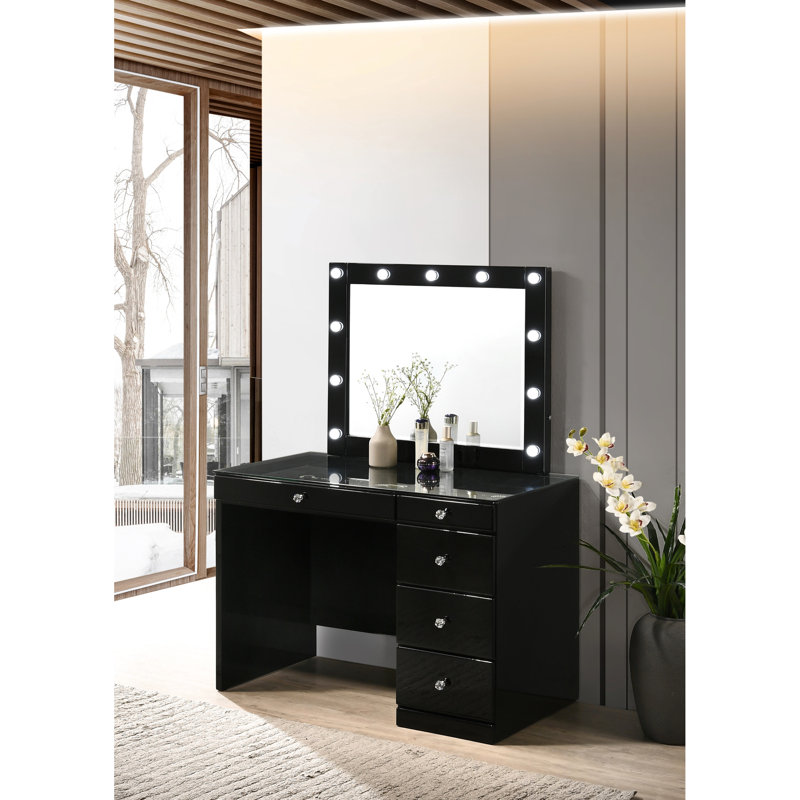 Makeup Vanity Table With 5 Drawers, Black Finish And Crystal For Bedroom Arrangement Style, Glass Top Setup, Black