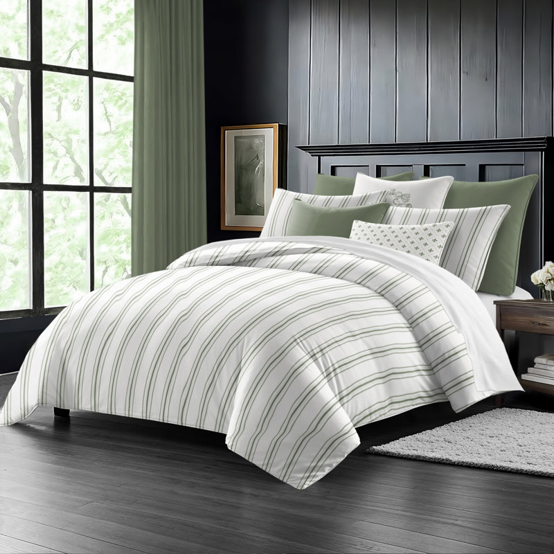 August Stripe Reversible Cotton Duvet Cover Set, Twin Duvet Cover + 2 Standard Shams, Sweet Grass