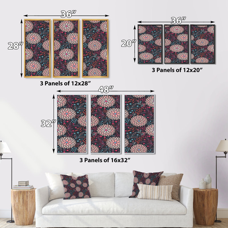 Fleurs abstraites roses - ensemble de 3 reproductions d'art encadrées sur toile, H 28 po x l 36 po x P 1 po, Cadre noir