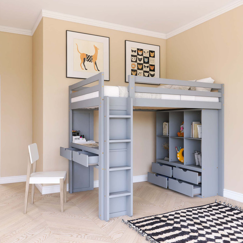 Lit mezzanine double gris avec grandes tablettes, bureau et lumière DEL, Double, Gris
