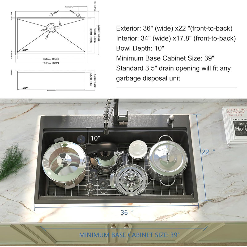 Évier de cuisine encastré 36 pouces en acier inoxydable 36 po x 22 po encastrable 36 po x 22 po avec accessoires