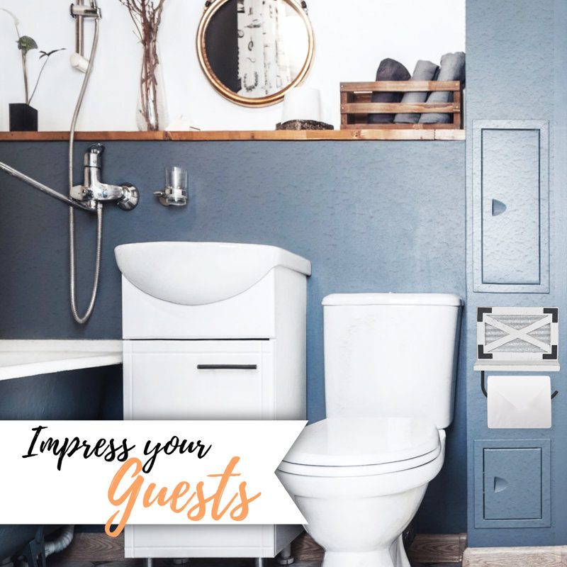 White and Galvanized Metal Farmhouse Toilet Paper Holder with Shelf