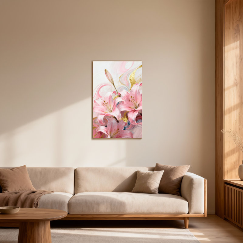 Plantes et fleurs lys roses avec accents dorés et tourbillons, H 48 po x l 32 po