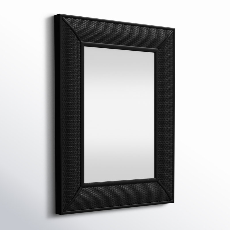 Black Rectangular Wood Wall Mirror with Rattan Detail