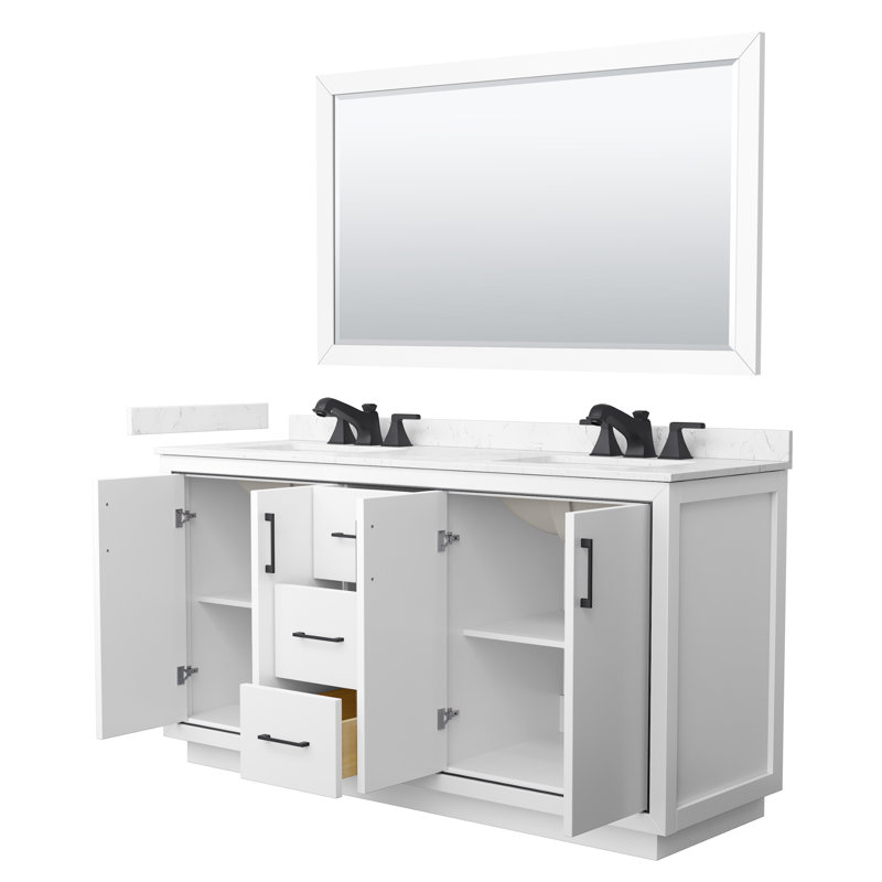 Icon 66" Freestanding Double Bathroom Vanity with Cultured Marble Top, White, Matte Black