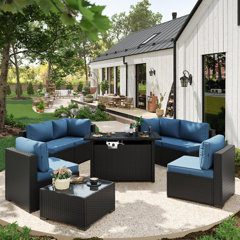 Caradog Wicker 6 - Person Patio Conversation Sets with Cushions, Coffee Table and 44" Fire Pit Table