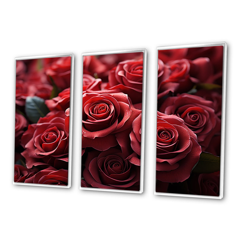 «Crimson Rose Passion I - Roses», ensemble d'art sur toile, Cadre flottant blanc, H 40 po x l 60 po x P 1 po