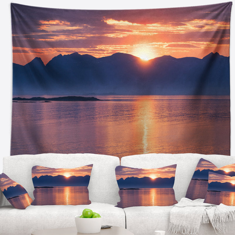 Tapisserie seascape norvégien en mer au coucher du soleil, H 32 po x l 39 po