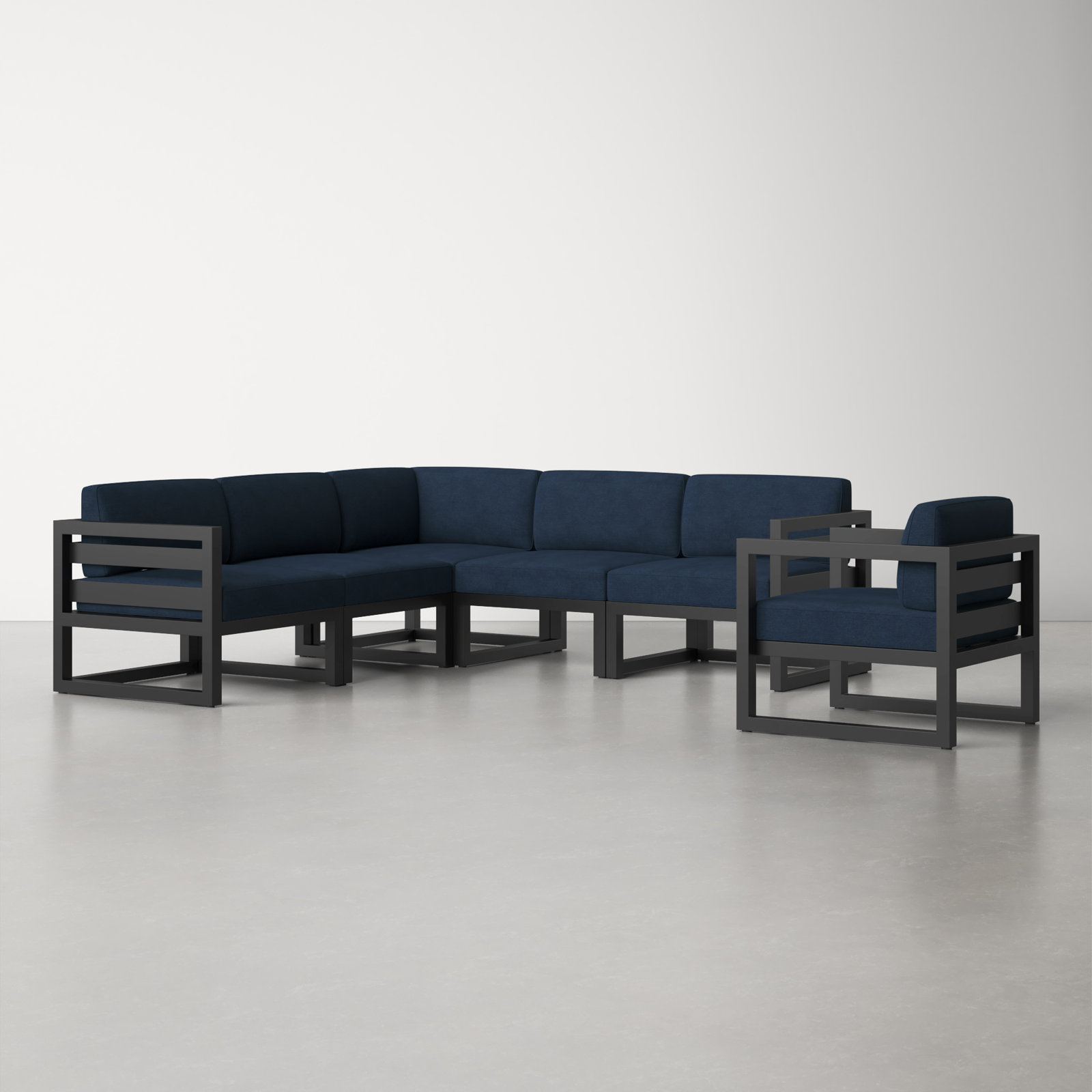 Smith 94'' Wide L-Shaped Powder Coated Aluminum Patio Sectional with Sunbrella® Cushions, Spectrum Indigo Sunbrella®, Black