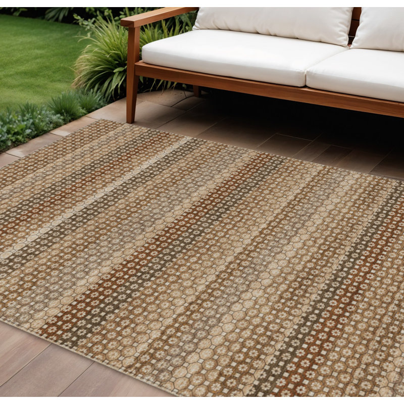 Tapis extérieur lavable rayé taupe et brun 9 pi x 12 pi