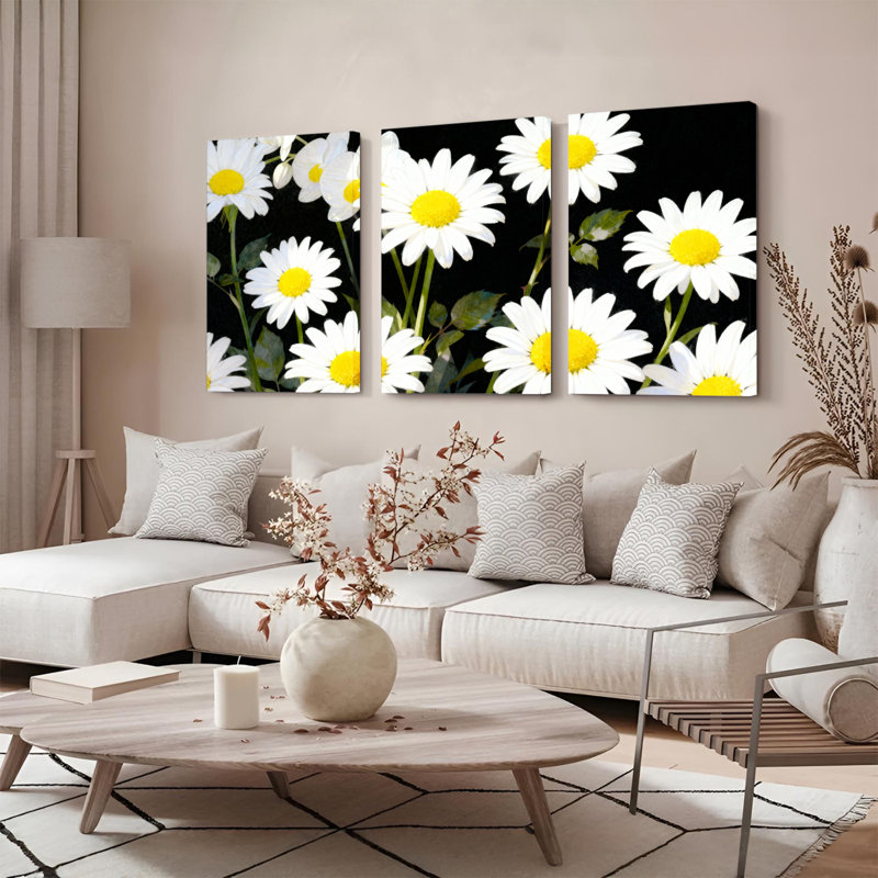 Tableau sur toile tendue avec motif de marguerites sur fond noir (paquet de 3), H 18 po x l 36 po