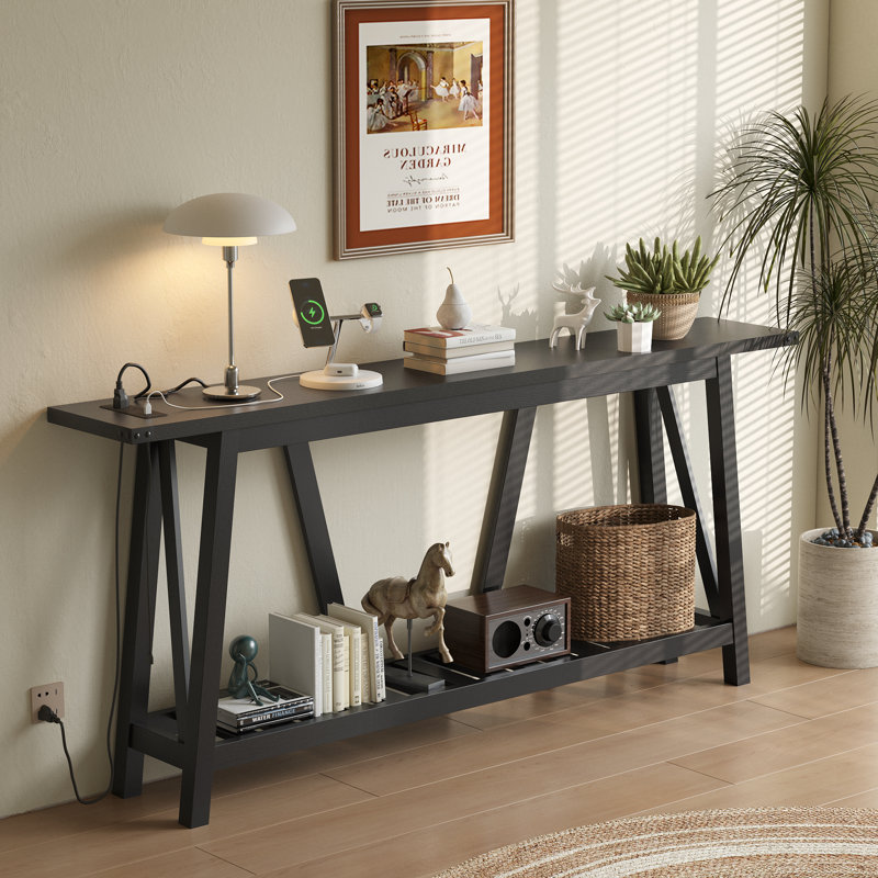70.9'' Console Table with Built-in Power Outlet, Black