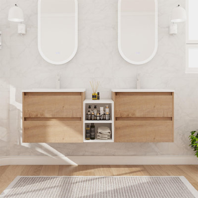 Jayliyah 60" Double Wall Mounted Bathroom Vanity with Ceramic Basin Sink Top, Floating Bathroom Vanity with 4 Drawers, 1 Adjustable Shelf