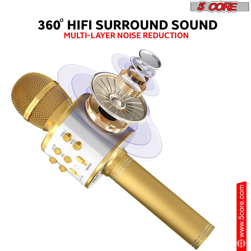 Microphone portatif sans fil à 5 cœurs avec micro karaoké 5-en-un avec haut-parleur Microfono Inalambrico, Doré