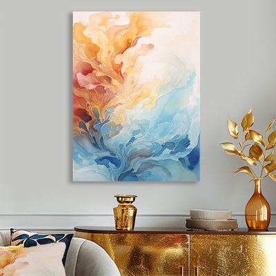Aquarelle, nuages, dans, orange, bleu, -, encre liquide, abstrait, art mural, salon