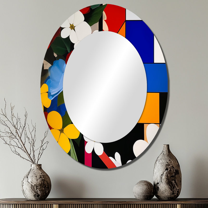 Miroir mural blanc et jaune avec pétales d'abstraction I, 40 po x 30 po