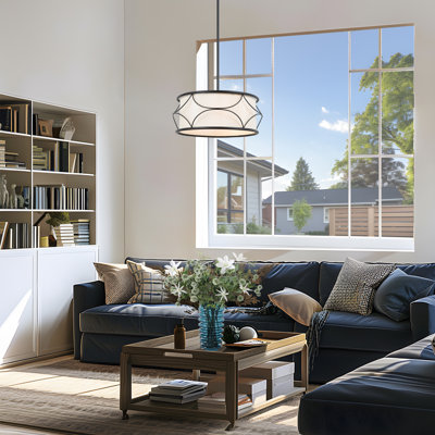 3-Light Modern Black Fabric Drum Pendant Light