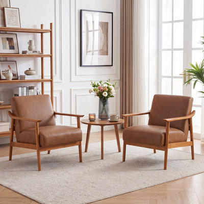 Mid Century Modern Genuine Leather Upholstered Armchairs