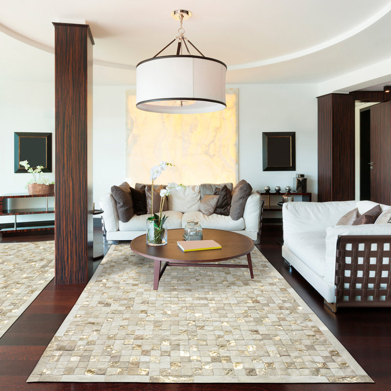 Hera Geometric Handmade Leather Ivory/Gold Area Rug, Rectangle 9' x 12', Ivory/Gold