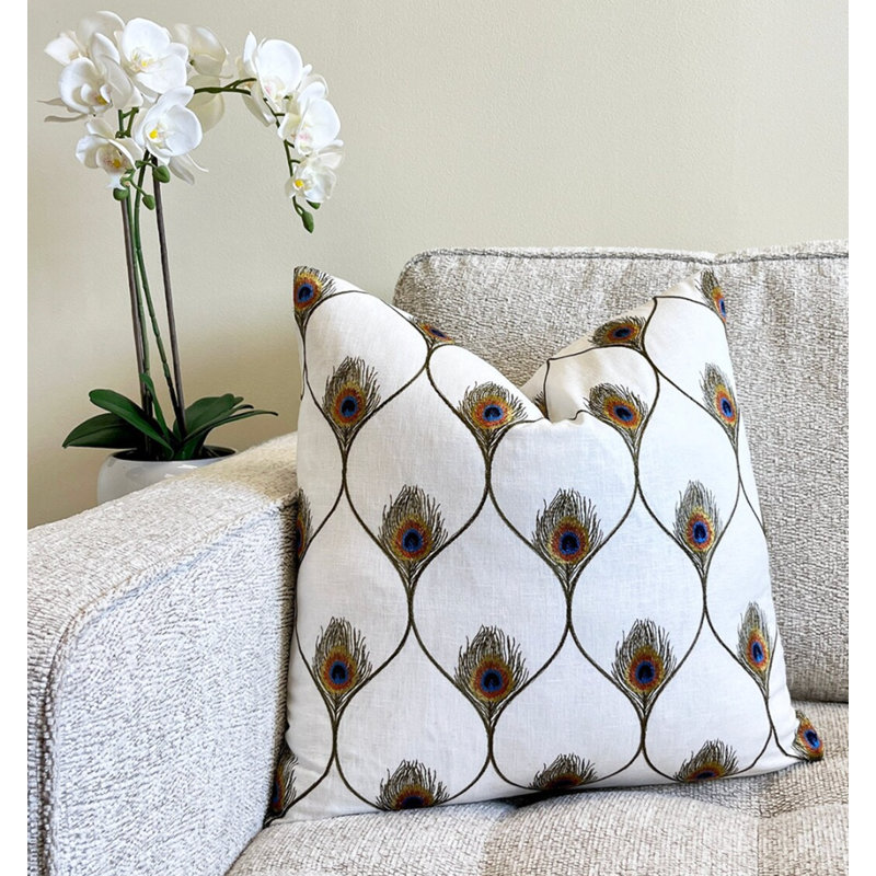 Housse de coussin brodée paon brodé, H 22 po x l 22 po